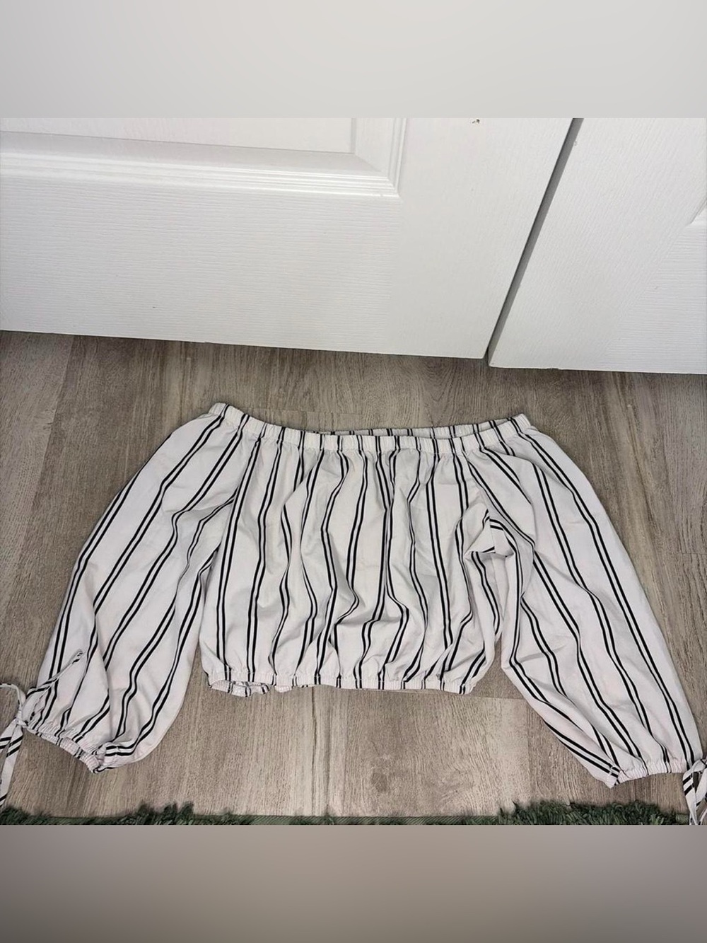 Striped Off-Shoulder Crop Top - White with Black Stripes